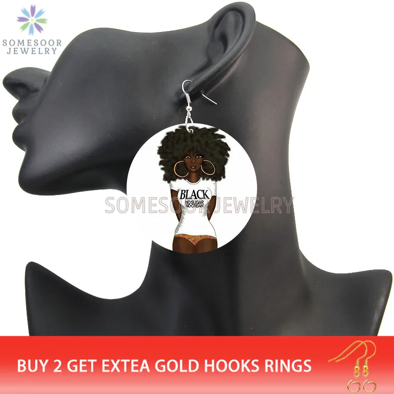 SOMESOOR Black Curly No Sugar No Cream Wooden Drop Earring Afro Girl Melanin Fashion Wood Loops Dangle Jewelry For Women Gifts