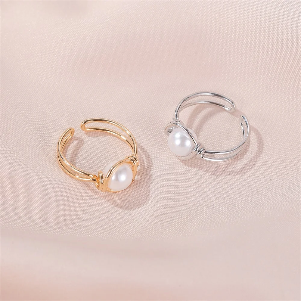 White Simulated Pearl Knot Simple Silver Plated Golden Copper Index Finger Open Rings for Women