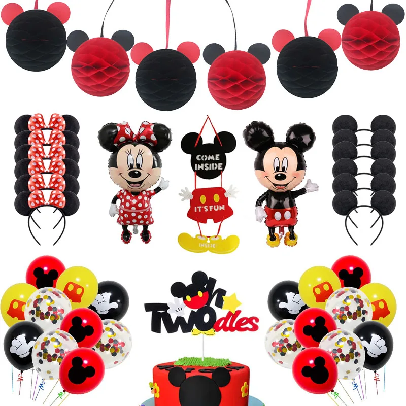 Decoración de fiesta de cumpleaños con temática de Mickey Mouse para niños, suministros para Baby Shower, globo de flores, Bandera de año