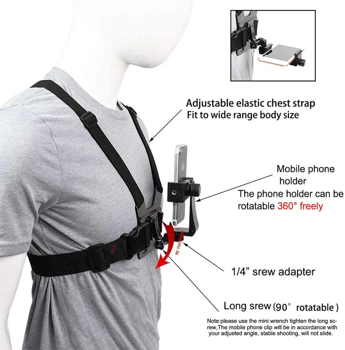 2021 New Mobile Phone 360° Rotation Adjustable Chest Mount Harness Strap Holder CellPhone Clip For Xiaomi For iPhone Backpack