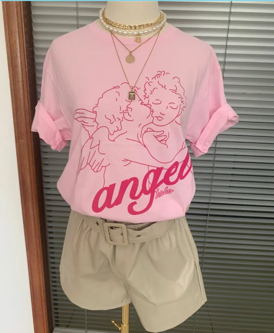 Angle Funny T Shirts Fashion Women Short Sleeve T-shirt Cartoon Shirt Cotton O-Neck Tee Shirt Casual Tshirt