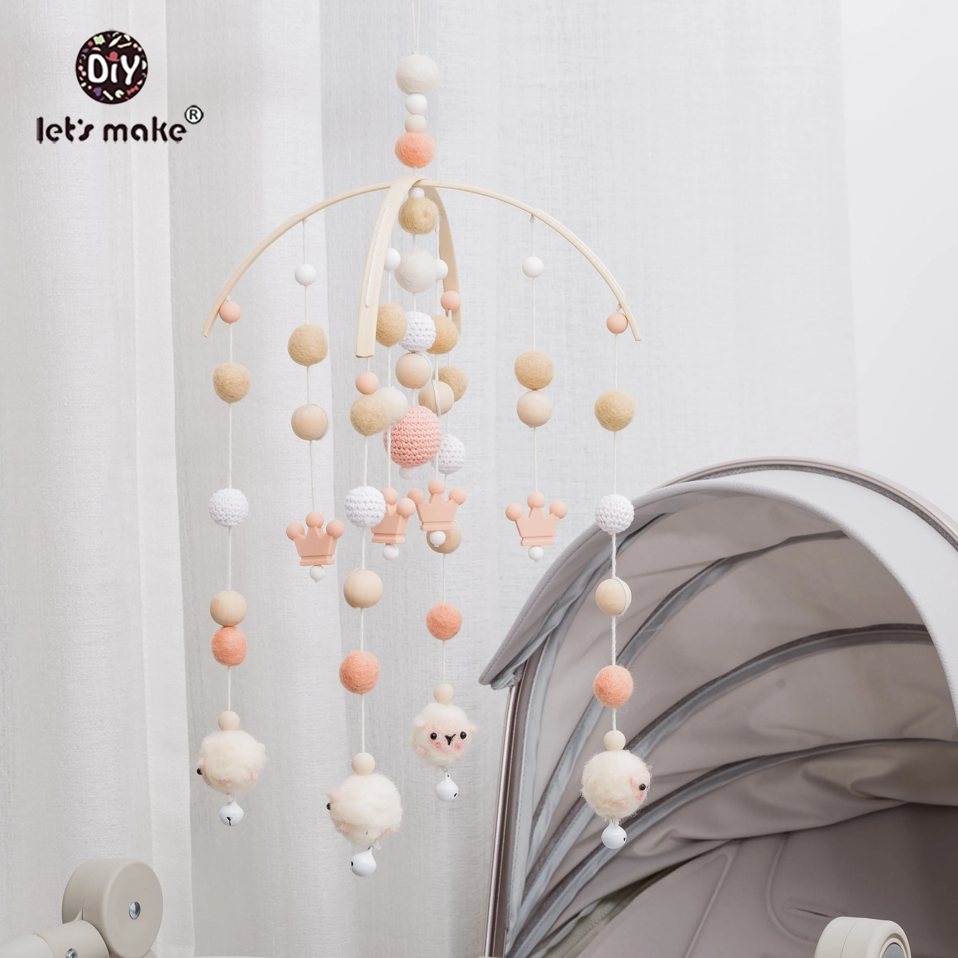 Let's Make 1pc Baby Mobile Wool Felt Balls Wooden Trojan Baby Shower Nursery Decor Hanging Pom Pom Garland Crib Hanging Bed Bell