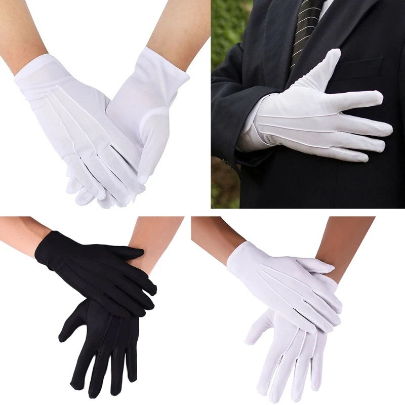 Men Spandex Thin Black White Parade Gloves Formal Tuxedo Costume Honor Guard Mittens for Coin Jewelry Silver Inspection