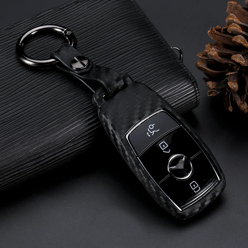 Carbon Fiber Look Silicone Remote Car Key Case Cover Shell Keychain for Mercedes Benz A C E S Class W203 W204 W212 W213 W176