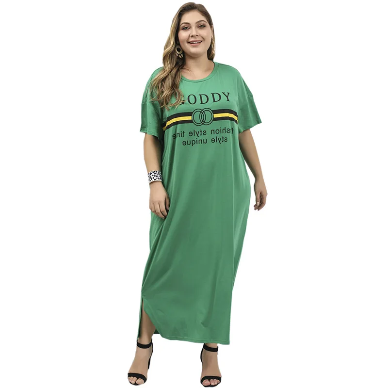 New summer plus size long dress for women large loose casual short sleeve straight print green O-neck dresses 4XL 5XL 6XL 7XL