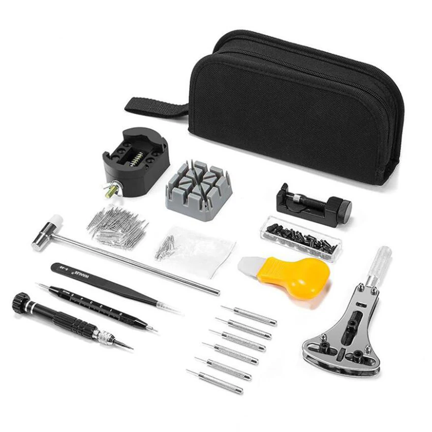 153 pz/set Kit di riparazione dell'orologio, Kit di strumenti di sostituzione della batteria/Kit di rimozione del collegamento, Set di strumenti per barra a molla con custodia professionale