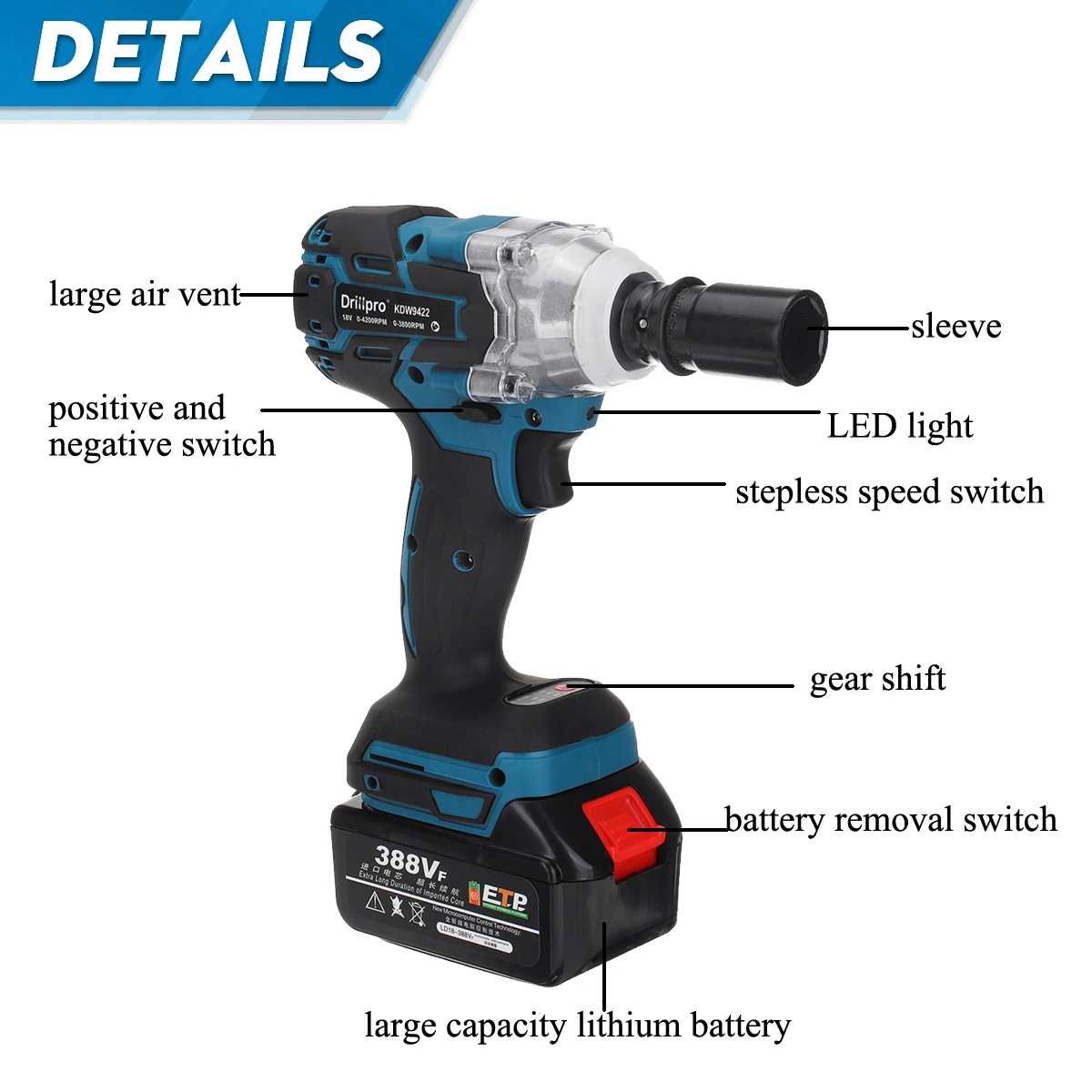 Drillpro 388VF Brushless Cordless Electric Impact Wrench Power Tools 3000mAh Battery +Sleeve Adapt to Makita 18V battery