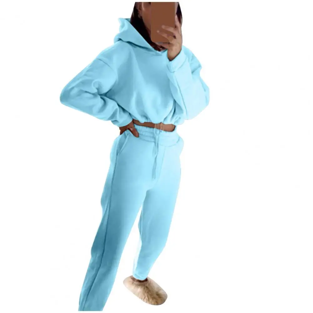 1 Set Hoodie Pants Set Women Tracksuit Drawstring Solid Color  Crop Top Hooded Sweatshirt Sweatpants Two Piece Running Set