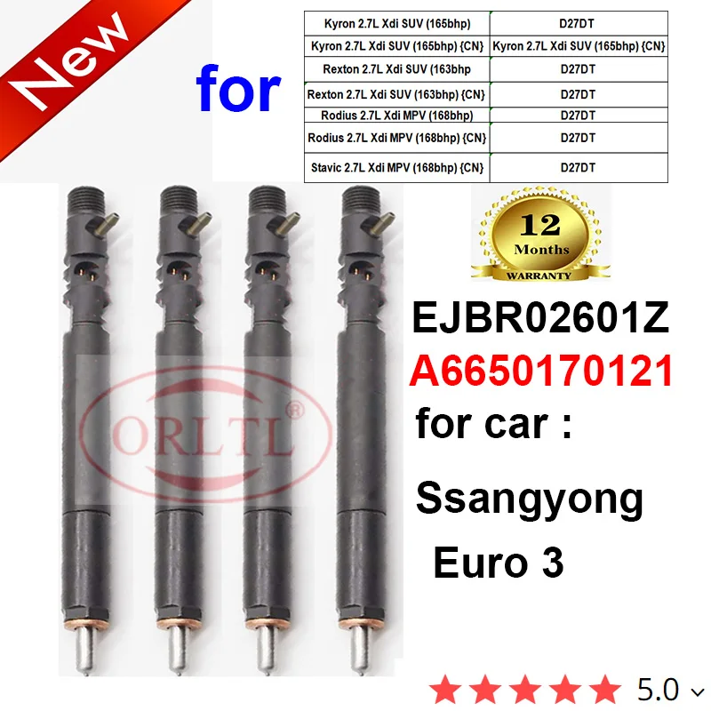 

4 pieces A6650170121 EJBR02601Z Common Rail Fuel injector for SSANGYONG Kyron 2.7L Xdi SUV (165bhp)Kyron,Rexton ,Rodius ,Stavic