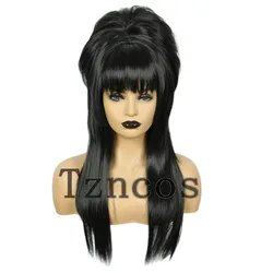 Tzncos-Perruques Beehive Costume pour Femme, Cheveux Raides Noirs, Années 70 et 80, 007