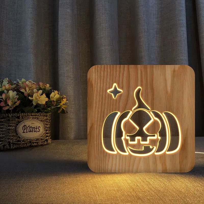 Halloween led 3d Wooden pumpkin lamp Night Light USB LED Table Light Wood Carving Light Sleep bed Lamp for Child Room Decoration