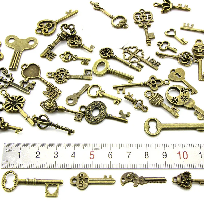 50pcs/lot Vintage Brass Metal Mixed Each Different Key Charms DIY Handmade Jewelry Decoration Key Pendant Charms