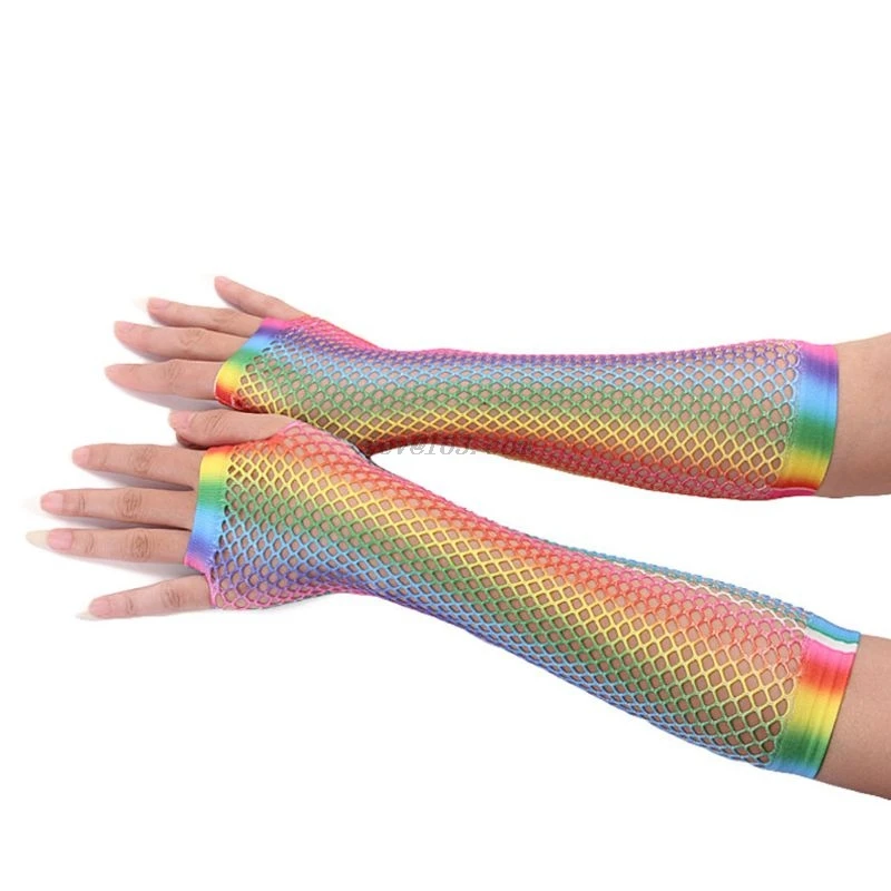 Womens Girls Hollow Out Holes Gloves Rainbow Printed Fingerless Mesh Net Fishnet