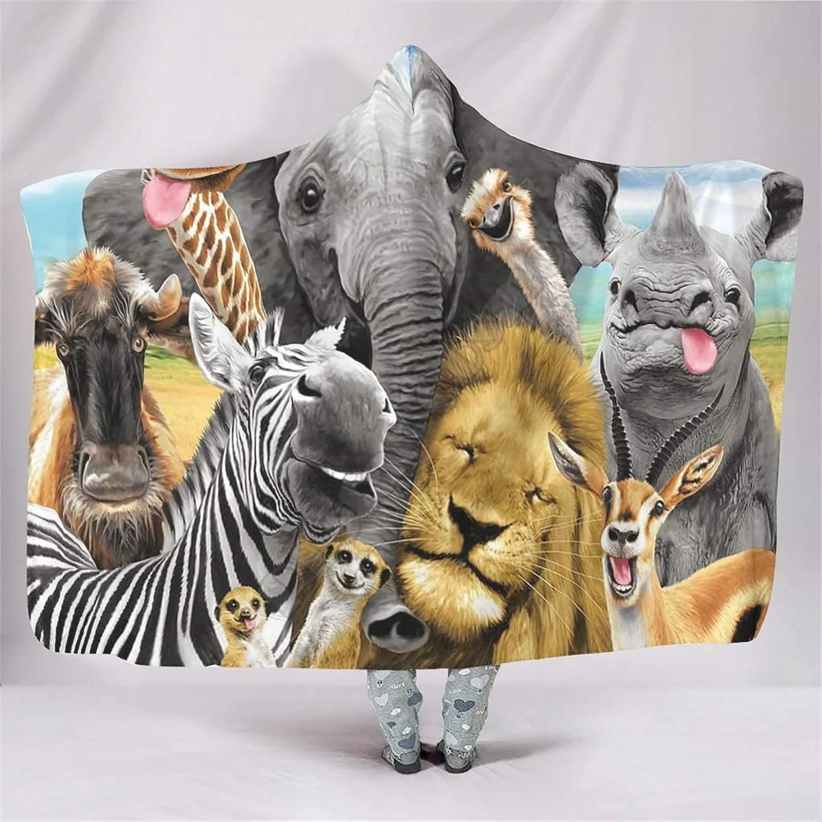 

Elephant Lion Zebra Hippo Wild Animals 3d printed Hooded Blanket Adult child Sherpa Fleece Wearable Blanket Microfiber Bedding