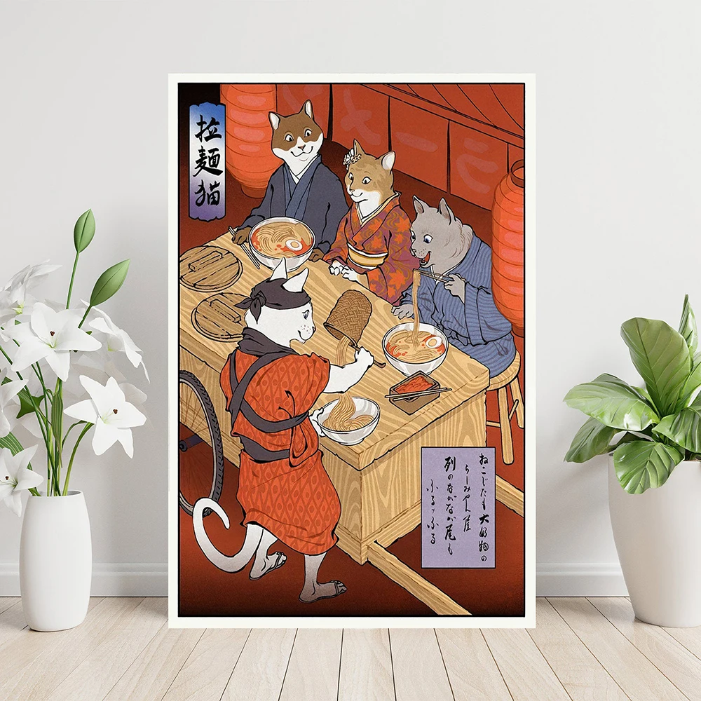 Samurai Cat Ramen Sushi Painting Funny Japanese Poster Cat Restaurant Print Canvas Ukiyoe Wall Art Pictures Home Office Decor