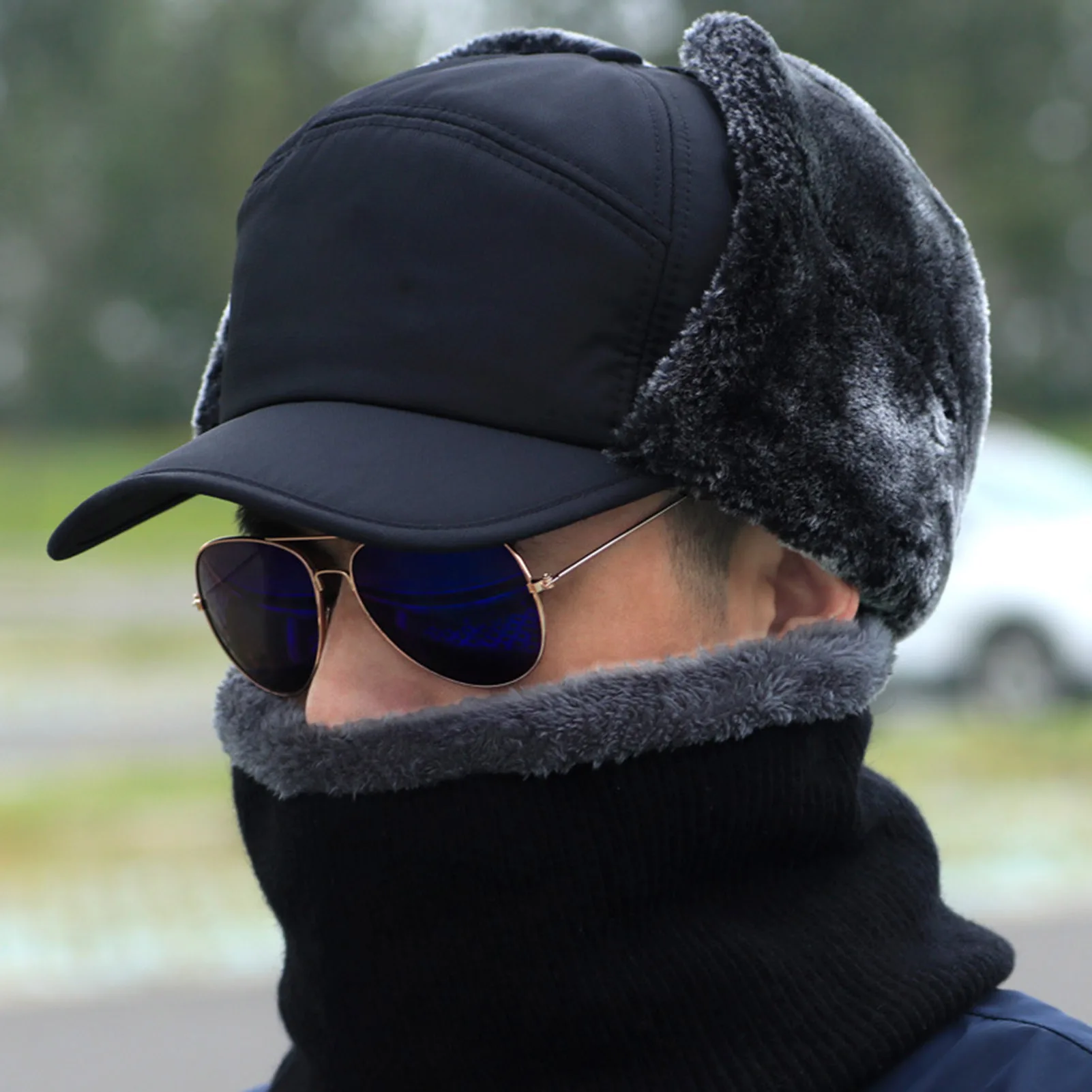 Winter Solid Color Male Windproof Ear Protect Bomber Hats Unisex Thickening Plush Button Cap Warm Windproof Headdress Ski Mask