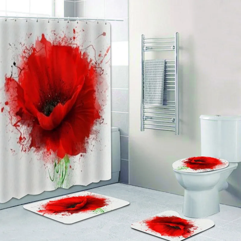 Vintage Red Poppy Shower Curtain Bathroom Curtains Set Butterfly Flower Floral Bath Mat Rug Carpet for Toilet Poppies Home Decor