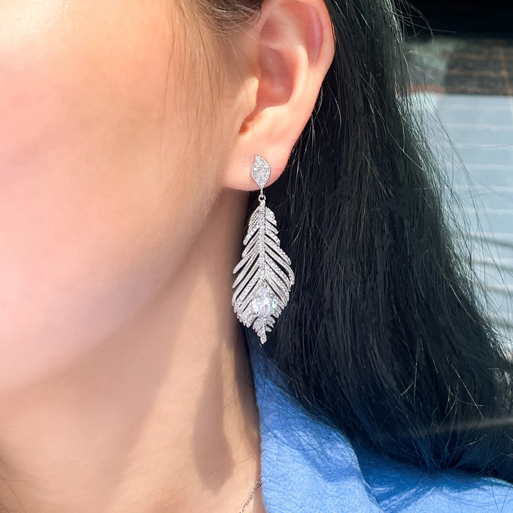BeaQueen Trendy Shiny White Cubic Zirconia Long Hanging Feather Earrings for Women Bridal Wedding Engagement Jewelry Gifts E435