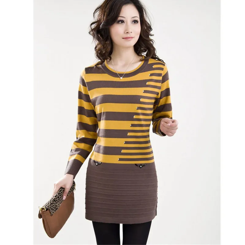 2024 Autumn Winter Women Knitting Sweater Fashion Stitching Striped O neck Pullover Long Sweaters Female Casual Bottoming shirt