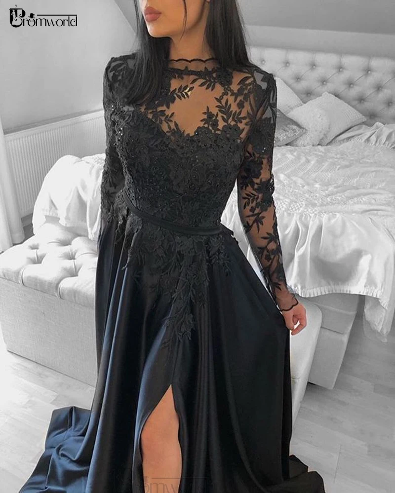 Illusion Long Sleeve Lace A-Line Evening Dresses Appliques Black Formal Evening Gowns Split Satin Sexy Prom Dress Robe Soirée