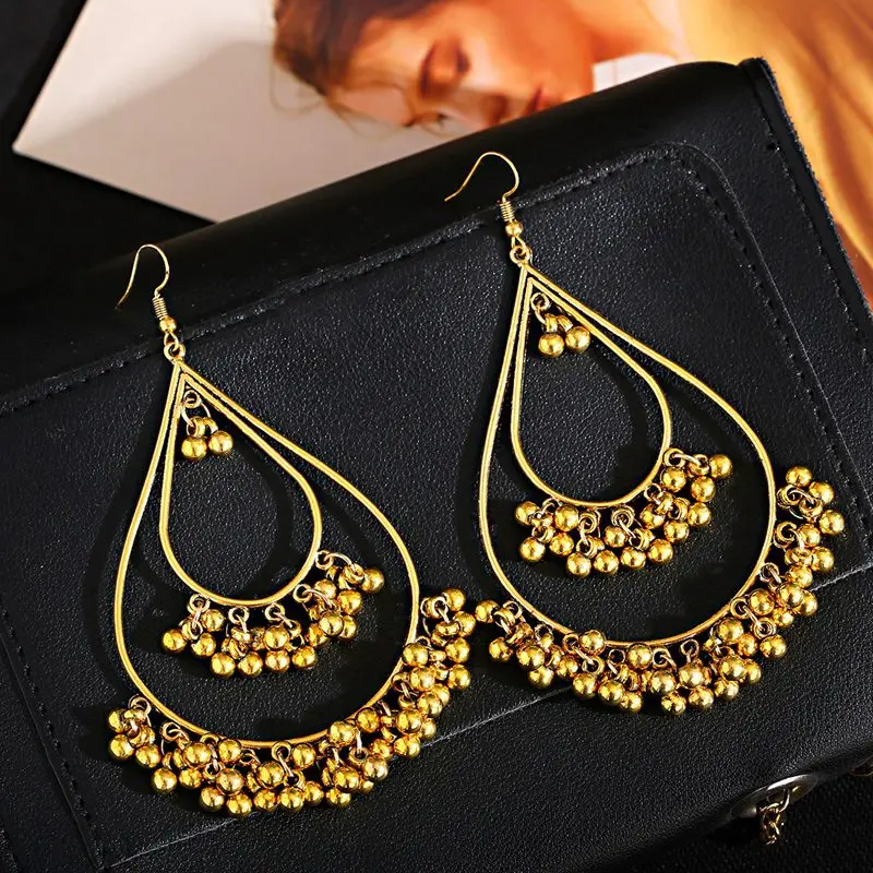 Vintage Indian Jewelry Boho Water Drop Earring Mujer Ethnic Bells Beads Tassel Jhumka Earrings Accessory Pendientes