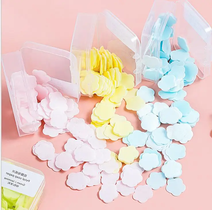 

portable soluble soap Outdoor Portable Hand Washing Bath Confetti Dish Foaming Flower Soluble Paper Soap Slice Case For Travel