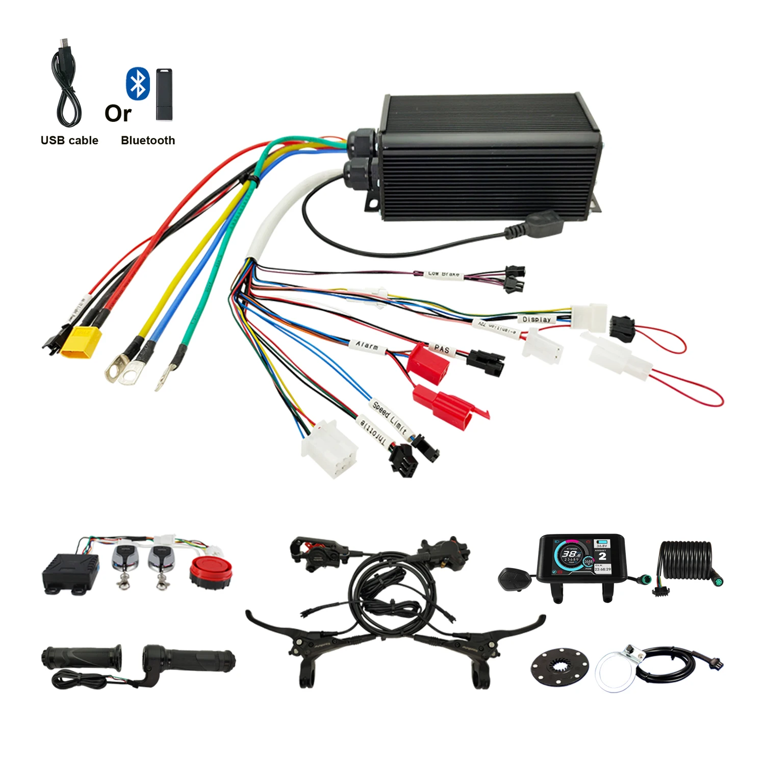 36V 48V 60V 72V 45A 1000-2000W Regeneratieve Programmeerbare Controller Ebike Diy Kit Met alarmsysteem + UKC1 Display + Pas + Remmen