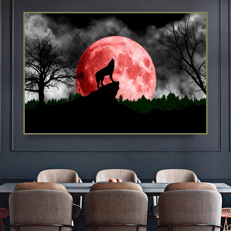 Wolf Howling Blood Moon Dark Night Animal Abstract Canvas Painting Poster Prints Wall Art Picture Living Room Home Decor Cuadros