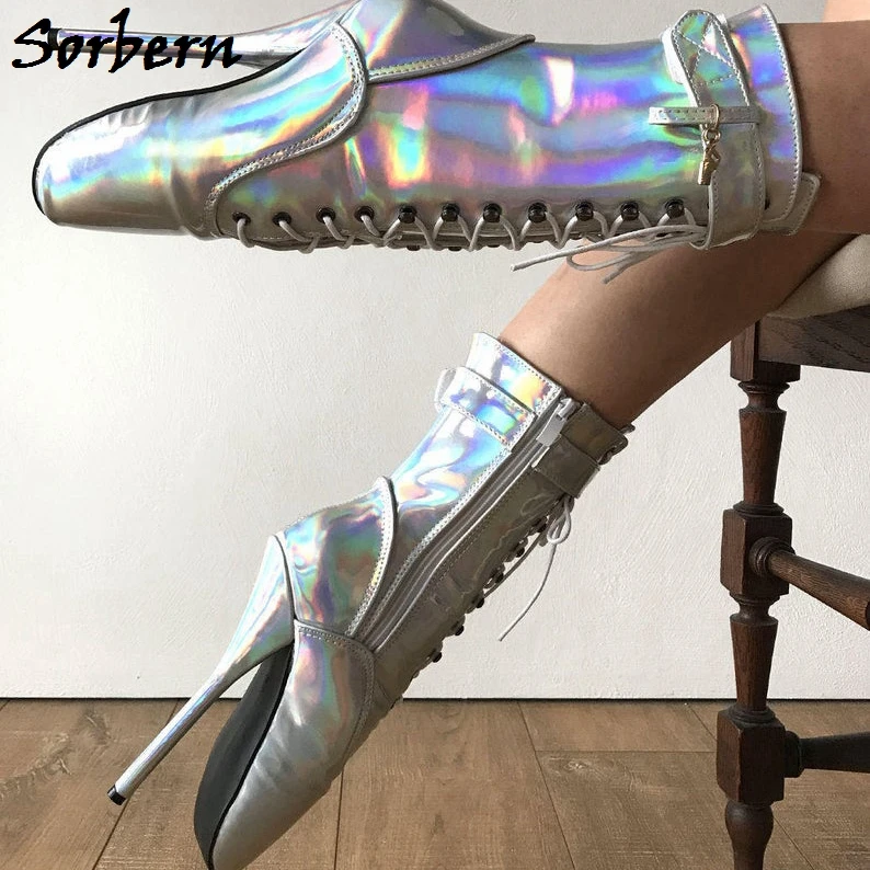 Sorbern Ballet Pointe Boots Sliver Holographic Rainbow  Ankle Boots For Womens Dancer Boots Plus Size High Heels