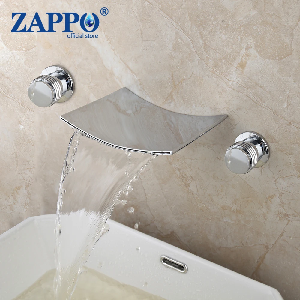 

ZAPPO Solid Brass Bathroom Bathtub Basin Sink Mixer Tap Waterfall Ceramic Double Handles Deck Mounted 3 pcs Chrome Faucet Set