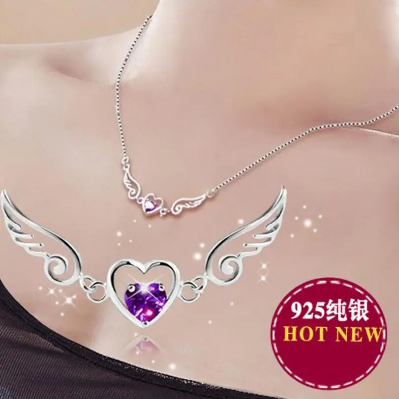 Hot Sale 925 Sterling Jewelry Love Angel Wings Necklace Dream Love Heart Crystal Zirconia Necklace Women Birthday Present S-N01