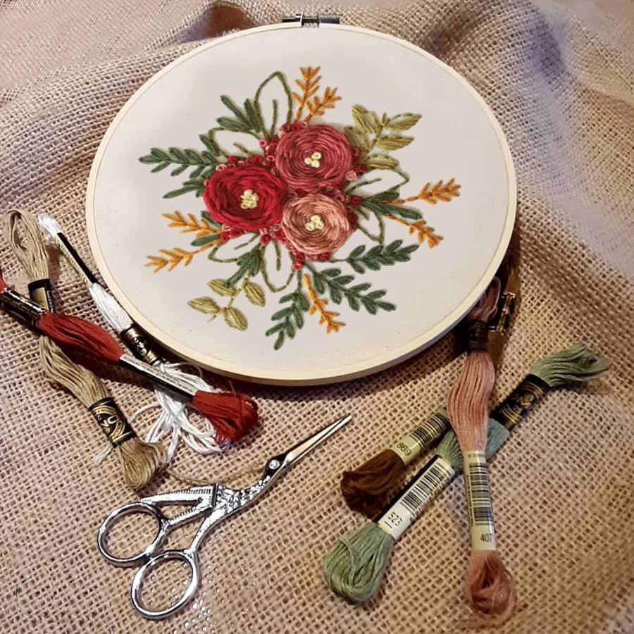 European-style Flowers Plant DIY Embroidery Kit Beginners With Shed Sewing Round Cross-stitch Crafts Hand-stitched Home Decor