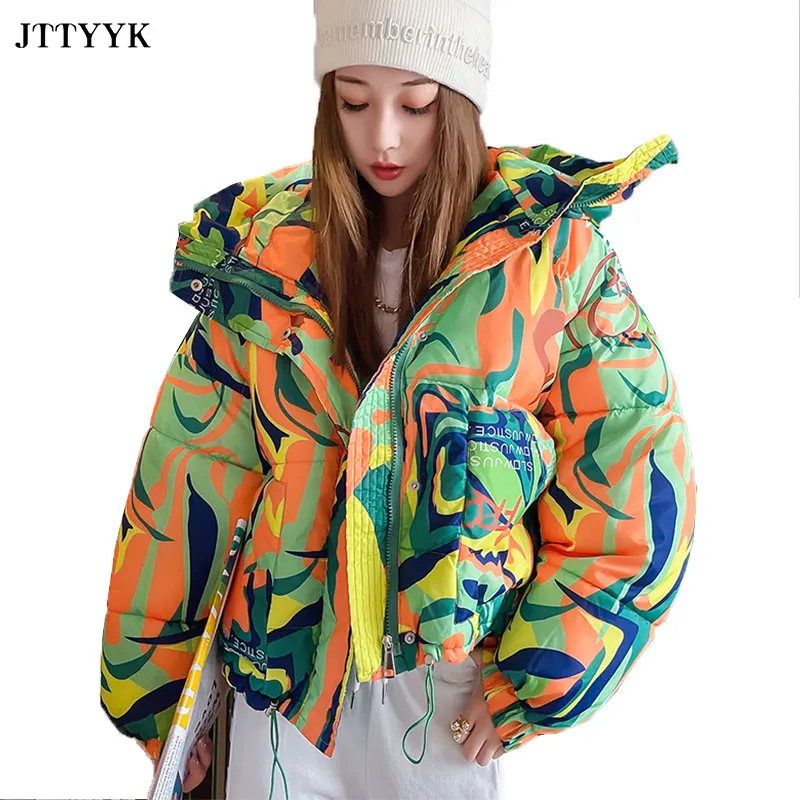 Korean Fashion Winter Down Jacket Women Graffiti Print Hooded Outerwear Short Parka Female Thick Streetwear Warm Padded Coats