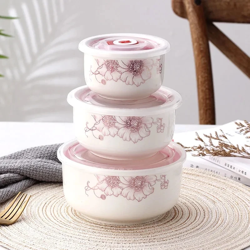 3 Pieces  Ceramic Fresh Bowl Lunch Box Sealed Box Microwave Box Dedicated Flower Shaped Bowl Ceramic Bowl Bowl Noodle Cereal