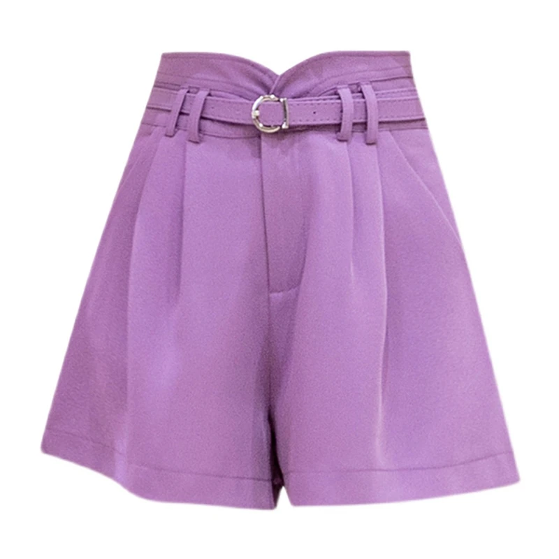 Seoulish-Short formel violet avec ceinture pour femme, taille haute, jambes larges, bureau, élégant, chic, fjPocket, été, nouveau, 2021