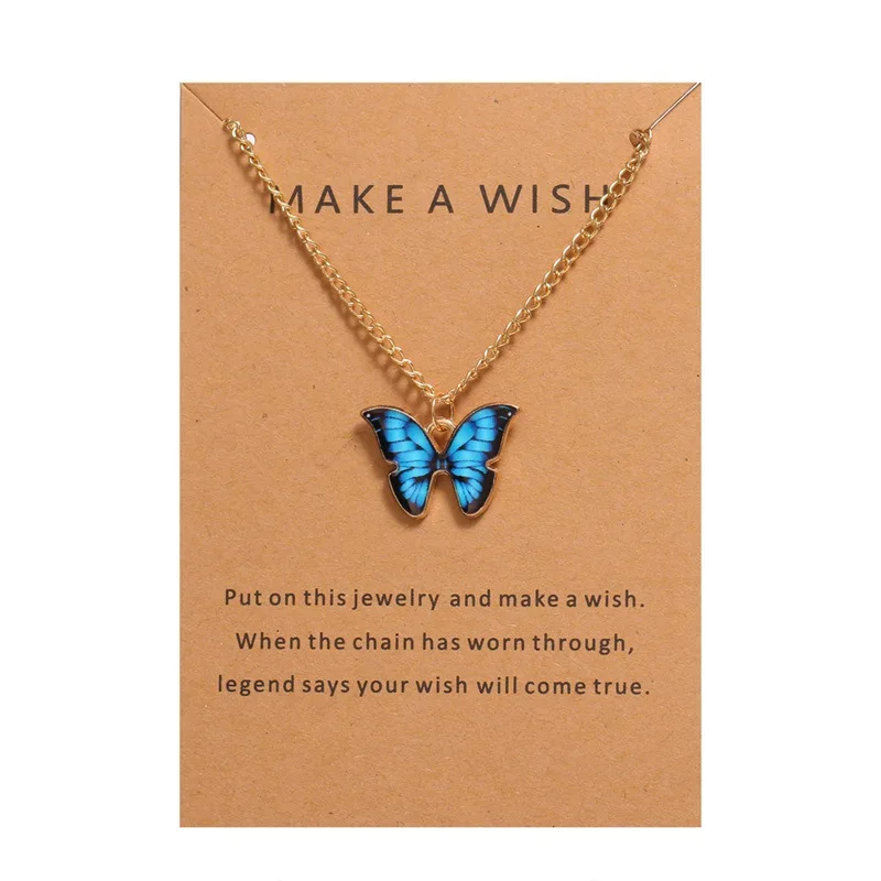 2022 New Fashion Butterfly Necklace for Women Korean Vintage Colorful Pendant Gold Color Chain Necklace Jewelry Cardboard Gift