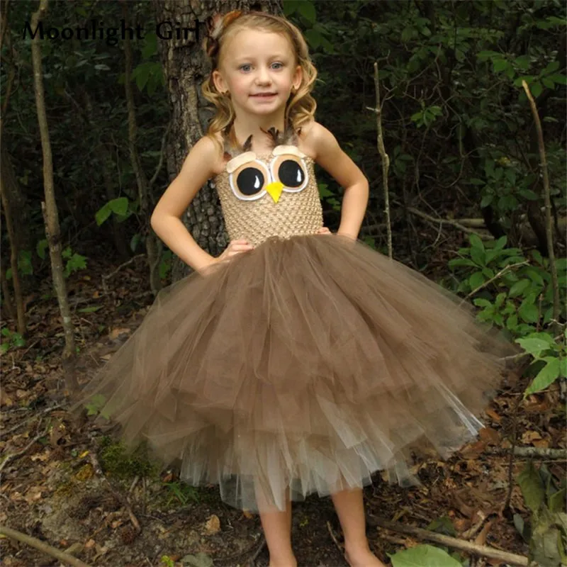 Cute Girls Coffee Owl Animal Feather Tutu Dress Kids Crochet Tulle Cartoon Dress Children Cosplay Party Banquet Costume Dresses