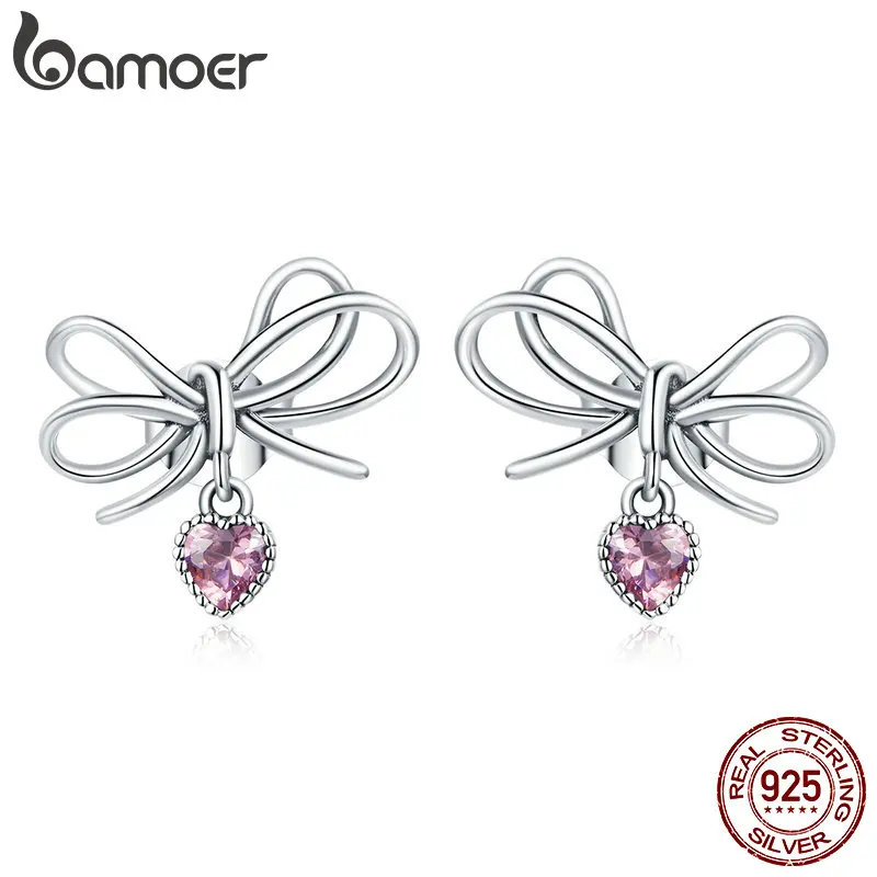 bamoer 925 Sterling Silver Jewelry Gift with Bow CZ Light Stud Earrings for Women Girls Gift Statement Jewelry SCE962