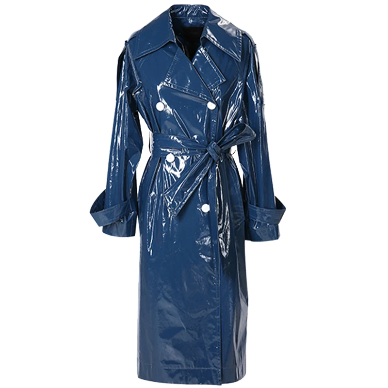 Nerazzurri trench coat reflexivo para mulheres, casaco de couro azul comprido, faixas compridas manga raglan, impermeável, primavera