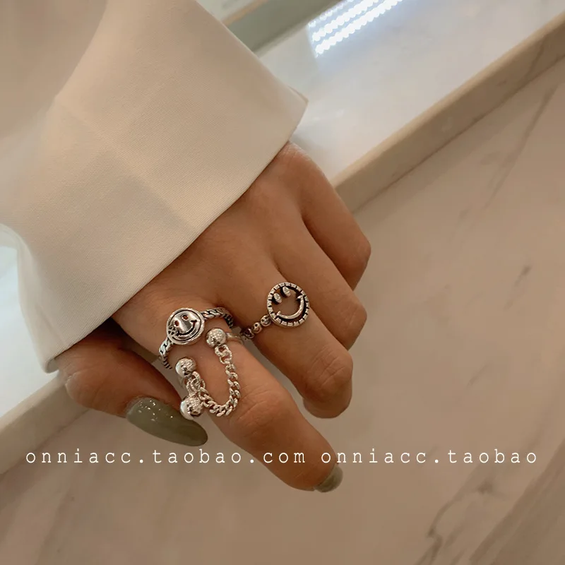 

New Arrival 100% 925 Sterling Silver Retro Fashion Hollow Out Smiling Face Round Ball Double Layer Ring For Women Jewelry Gift