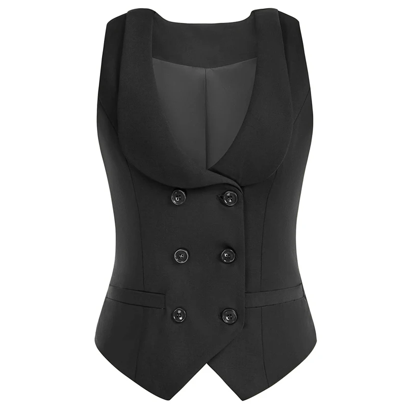 Women\'s Double Breasted Vest Retro Lapel Collar Vest Coat with 2 Pockets Slim Fit Work Wear