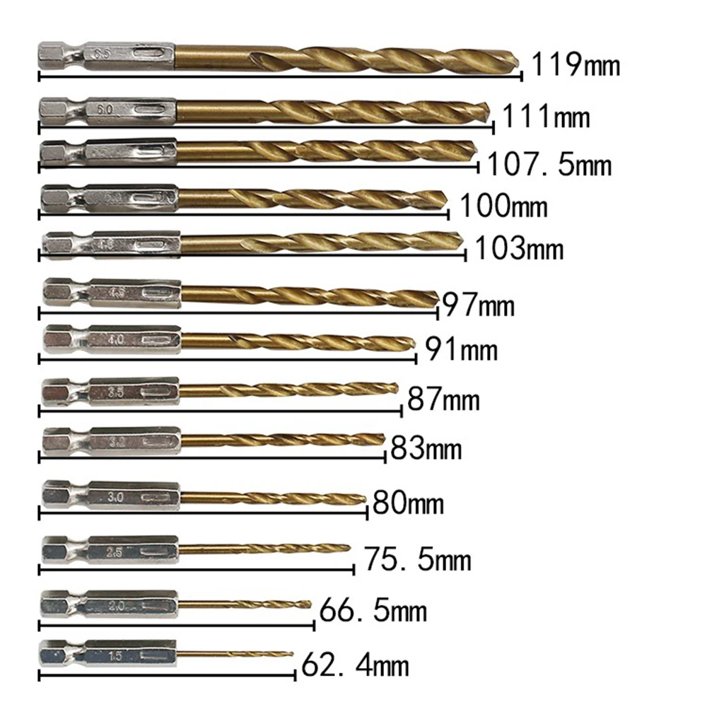 13 buah bor HSS lapis Titanium, batang bor heksagonal lapis Titanium kecepatan tinggi 1.5-6.5mm