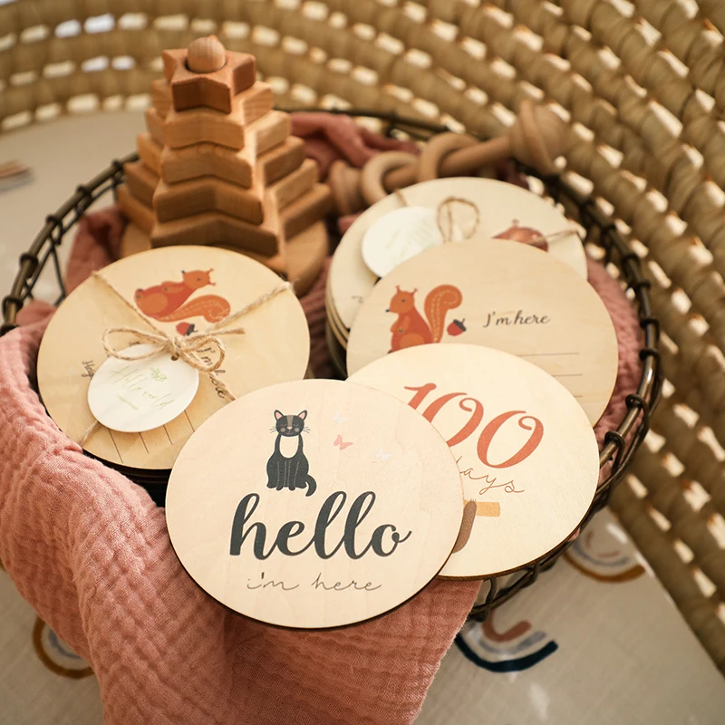 Bopoobo-Tarjetas de madera para el mes del bebé, accesorios de fotografía de cumpleaños hechos a mano, juguete para recién nacido, regalos de ducha,