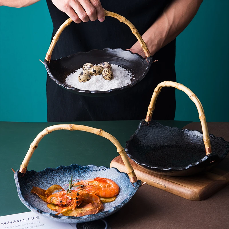 LingAo-Japanese Creative Ceramic Bamboo Fruit Tray, Living Room Tea Table, Dry Fruit Plate, Snack and Dessert Plate