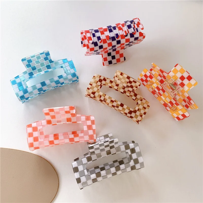 Grote Acryl Haar Klauw Rechthoek Geruite Mozaïek Plaid Grid Hairclips Vrouwen Haar Accessoires Hoofddeksels Ins Krab Klemmen Hairgrip