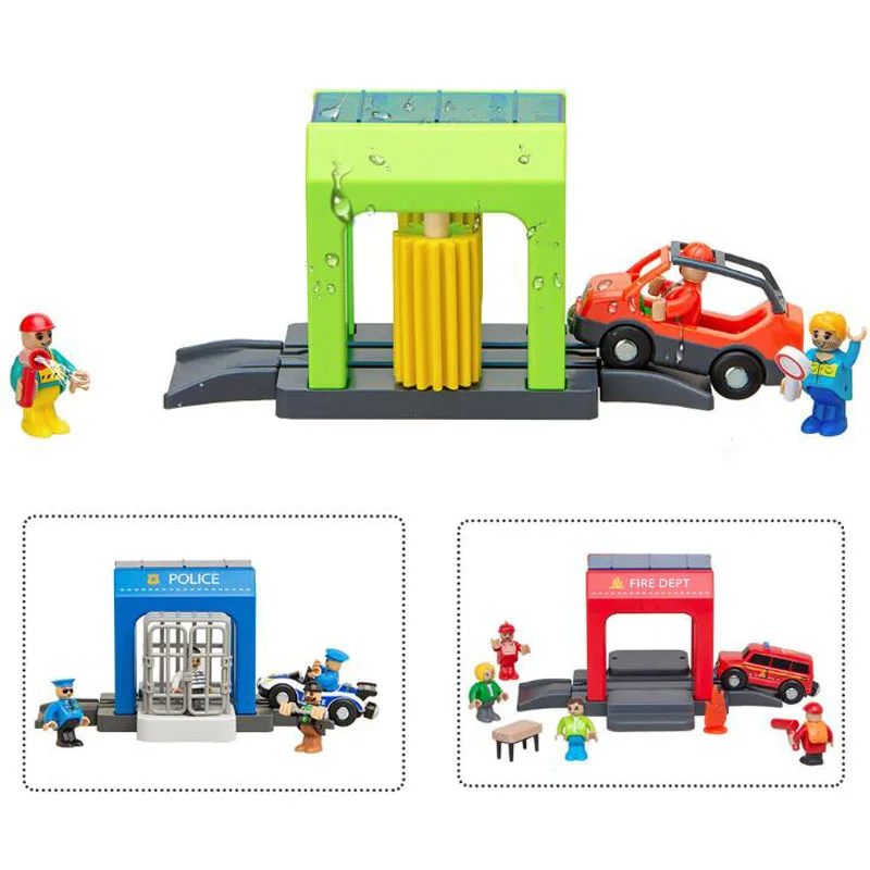 Simulation Plastic Toy Police Station Car Wash Room Fire Dept Urban Scene Safe Compatible With Wooden Track Children\'s Toy Set