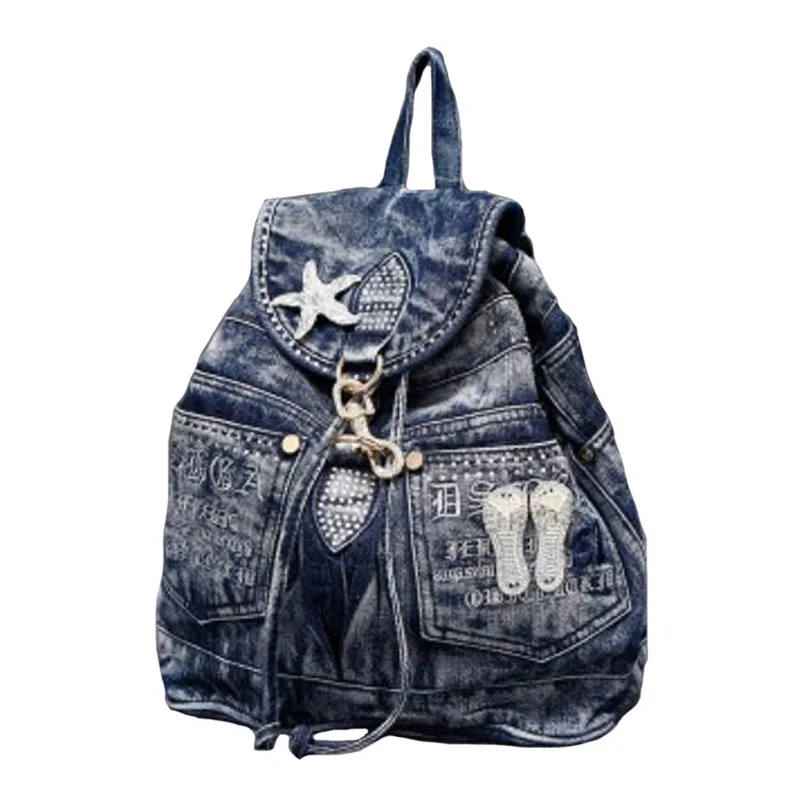 New Women Diamond Backpack Denim Canvas Fabric Drawstring Bucket Bag Personality Trend Ladies School Bag Spring Autumn Denim Bag