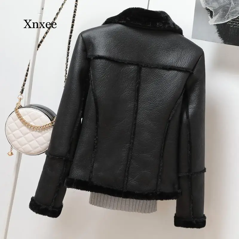 2020 New Winter Faux Shearling Sheepskin Coats Women Thick Warm Pu Faux Lamb Leather Jacket Black Motorcycle Female Overcoat Top