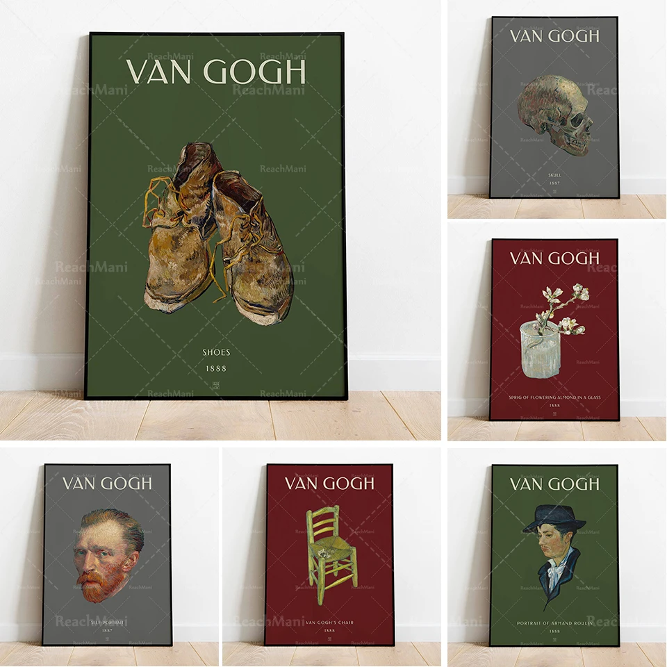 Van Gogh prints, sad old man, shoes, chair, almond blossom, self-portrait skeleton with straw hat Van Gogh exhibition poster