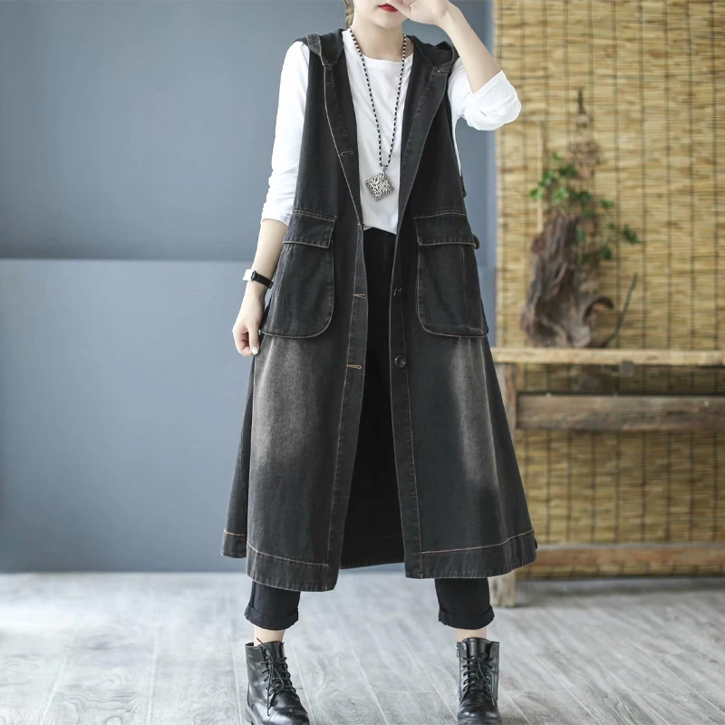 Masss Wasss Korean Style Denim Hooded Long Vest Coat 2021 Women Button Loose Vintage Waistcoats Female Punk Sleeveless Clothes